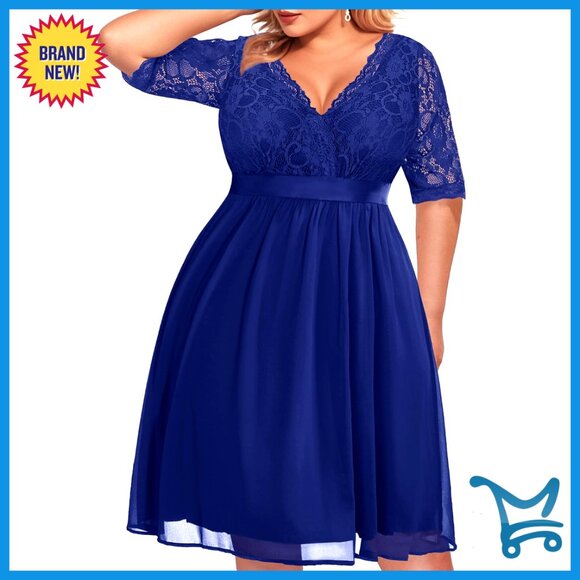 Dresses & Skirts - Plus Size Lace Chiffon Wrap V Neck Midi Dress Cocktail Wedding Guest Elegant